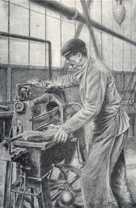 Snijden van geweerkolven in een wapenfabriek Gravure door Pierre Calmette Privécollectie door Pierre Calmettes