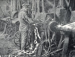 Leerindustrie: mechanisch maaien van vachten Gravure uit "Excursion a travers les metiers" door Pierre Calmette Privécollectie door Pierre Calmettes