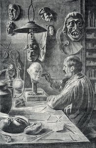 Fabricage van theater- en vermommingsmaskers Gravure uit "Excursion a travers les metiers" door Pierre Calmette Privécollectie