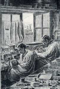 Parijse arbeiders die speelgoed maken. Gravure van Pierre Calmette