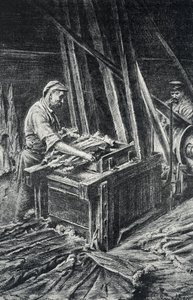 Leerbewerking, het verzachten van de dierenhuiden in een volgravure uit de collectie van Pierre Calmette door Pierre Calmettes