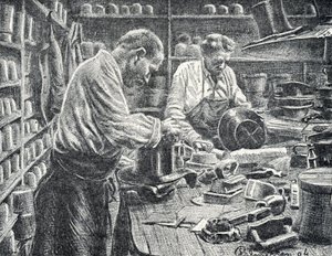 Zijden hoge hoeden fabriek. Gravure van Pierre Calmette