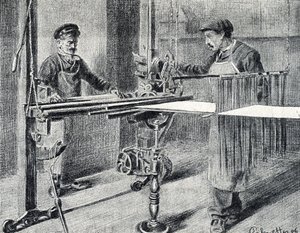Zijdewerkplaats: de voorbereiding van de ketting bij de map (Zijdewerk) Gravure uit "Excursion through the metiers" door Pierre Calmette Privécollectie door Pierre Calmettes