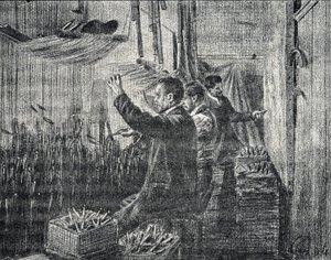 Tapijt van Aubusson: de stoffeerders werken ondersteboven Gravure uit "Excursion a travers les metiers" door Pierre Calmette Privécollectie