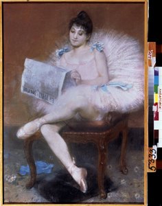 Zittende balletdanseres. Ballerina in tutu leest "de kleine krant"