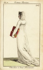 Vrouw in witte jurk met sluier over de helft van haar haar, Parijs door Pierre Charles Baquoy