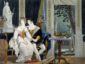 Jong bourgeois koppel in een interieur in een galante conversatie - door Pierre Chasselat, begin 19e eeuw