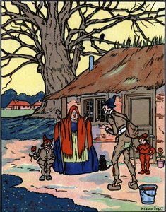 De vlucht van Picrochole die een oude heks ontmoet. Illustratie door Pierre Couselles uit 