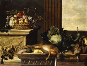 Fruit in een rieten mand met vijgen op een sokkel, dood wild, een kool, een meloen, een kalebas en een artisjok op een stenen richel, een raam op de achtergrond
