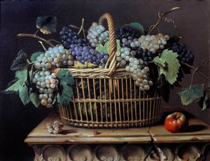 Stilleven van een Tros Druiven in een Mand door Pierre Dupuis