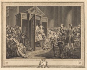 De biechtstoel door Pierre Etienne Moitte after Pierre Antoine Baudouin