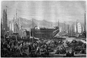 Boot des Fleurs, een restaurant en plaats van plezier in de haven van Shanghai in 1860, China. Gravure door Grandsire, in 