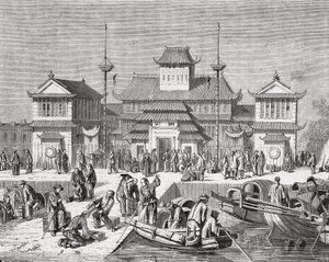 China, Shanghai, Shanghai Douanehuis, gravure door Pierre Eugene Grandsire
