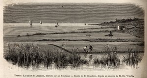 De zoutziederij van Lusandra, in de buurt van Triëst, vernietigd door de Venetianen die het als een gevaarlijke concurrentie voor het monopolie dat ze in de Adriatische Zee uitoefenden, gravure door E. Grandsire ter illustratie van de reis naar Istrië en D door Pierre Eugene Grandsire