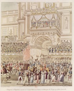 De keizer en de keizerin ontvangen de hulde van de Franse troepen vanaf het balkon van de Tuilerieën ter gelegenheid van hun huwelijk, gegraveerd door Charles Pierre Joseph Normand (1765-1840) door Pierre Francois Leonard Fontaine