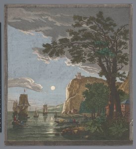 Gezicht op een kust met schepen en boten op het water bij maanlicht door Pierre François Basan