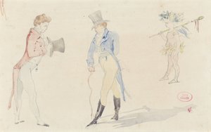 Licht schetsblad met twee elkaar ontmoetende dandies en een ballet-amour door Pierre François Eugène Giraud