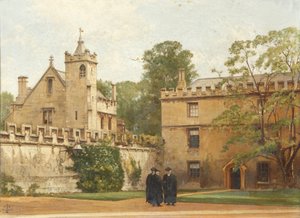 De Grammatica Hal vanuit St. Johns Quadrangle in 1881: President Bulley in de Lodgings Drive en twee anderen, 1881 door Pierre François Joseph Tonneau