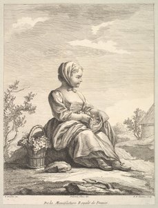 Klein meisje met druiven met een mand ervan naast haar, uit Deuxième Livre de..., na 1757 door Pierre François Tardieu