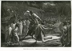 Een begrafenisceremonie voor de Todas, een kleine pastorale gemeenschap op het Nilgiri-plateau (Zuid-India), tijdens de begrafenis worden runderen geofferd. Gravure door P. Fritel, ter illustratie van het verhaal souvenirs van een reis naar de Nilgherries,