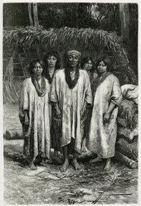Hoofd Lacandon en Lacandon-types, Maya-volk dat in de jungles van Chiapas (Mexico) leeft. Gravure door P. Fritel, ter illustratie van het verhaal 