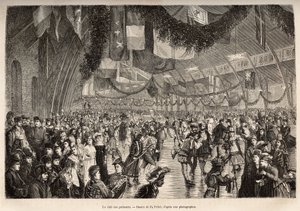 De schaatsclub van Montreal, bij een bijeenkomst voor een kostuum schaatsavond, gegraveerd naar een tekening van P.Fritel, ter illustratie van de excursie naar Canada en de Riviere Rouge du nord, door H. De Lamotte, 1873, gepubliceerd in 