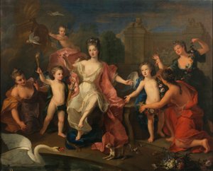 Spaans:  María Adelaida de Saboya, duquesa de Borgoña con sus hijos De hertogin van Bourgondië met haar twee zonen, de hertogen van Bretagne en Anjou (de toekomstige Lodewijk XV) door Pierre Gobert