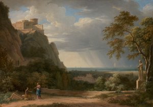 Klassiek landschap met figuren en beeldhouwwerk door Pierre Henri de Valenciennes