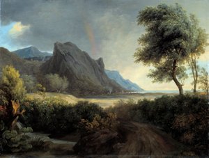 Bergachtig landschap gewassen door de zee. Regenboog. - Pierre de Valenciennes