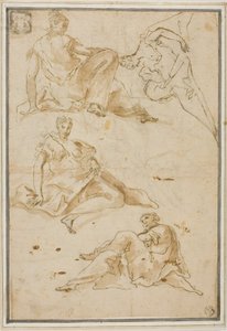 Schetsen van vier gedrapeerde vrouwelijke figuren (voor pendentieven) door Pierre Hubert Subleyras