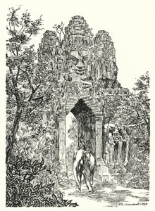 De noordelijke poort van Angkor-Thom (gravure) door Pierre Jeannerat de Beerski