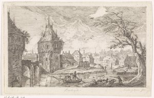 Dorpsgezicht met vissers door Pierre Joseph Jacques Tiberghien