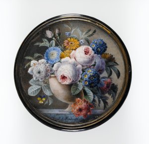 Schildpaddoos met een Miniatuur van Bloemen in een Stenen Vaas op een Marmeren Plaat, 1827