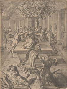 De Plundering van Troje - Pyrrhus Doodt Priamus, voor 1654 door Pierre Lombart