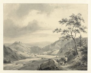 Heuvellandschap met jager met hond op pad door Pierre Louis Dubourcq