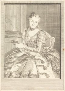 Mevrouw de M ... in Baljurk door Pierre Louis de Surugue after Charles Antoine Coypel