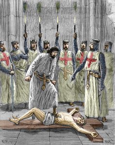 Ketterij van de Tempeliers: voorstelling van een ceremonie van toetreding van een ridder tot de orde van de tempel, waarbij de Tempelier, volgens de bekentenissen gepubliceerd na hun arrestatie en proces in 1307, gedwongen werd Christus te verloochenen en  door Pierre Mejanel