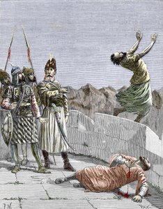Ismaili-sekte van het oosten of moordenaars opgericht door Hassan ibn al-Sabbah (1036-1124), bekend als de oude man van de Berg, die twee van zijn fanatieke volgelingen opdracht gaf zichzelf te doden, Alamut, Perzië, rond 1096 (Nizari Ismailisme: voorstell door Pierre Mejanel