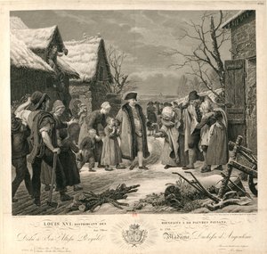 Lodewijk XVI deelt aalmoezen uit aan de arme boeren in de winter van 1788