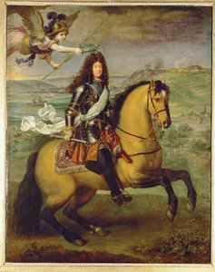 Louis XIV te paard, gekroond door de overwinning ... (schilderij op doek) door Pierre Mignard