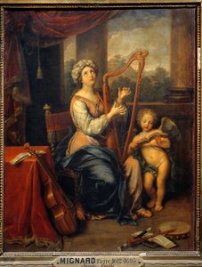 Sint Cecilia zingt de lof van de Heer. De heilige speelt harp en is omringd door instrumenten. Schilderij door Pierre Mignard (1612-1695) 1691 Parijs, Musée du Louvre door Pierre Mignard