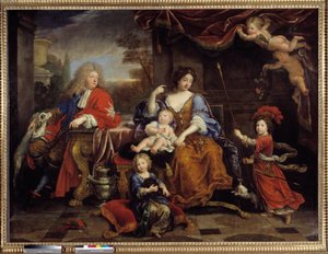 De familie van Lodewijk van Frankrijk (1661-1711) zoon van Lodewijk XIV (1638-1715), bekend als de Grote Dauphin, in 1687 met zijn vrouw Marie Anne Christine de Baviere en hun kinderen Louis, Philippe (die Filips V van Spanje werd) en Char door Pierre Mignard