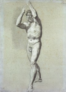 Studie van een man, met twee armen opgeheven boven het hoofd, lichtjes naar links gedraaid door Pierre Paul Prudhon