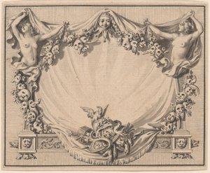 Een cartouche met theatermaskers door Pierre Philippe Choffard