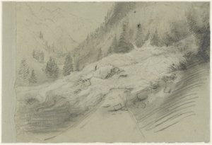 Lawine in een alpenlandschap, ca 1870 (zwart-wit krijt)