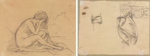 Studie van een vrouwelijk naakt (mogelijk voor een ongerealiseerd allegorisch schilderij) (recto); Studies van draperie en studie van een landschap (verso)