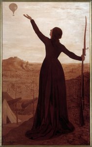 Het bal. Inscriptie op de lijst: De stad Parijs investeert en vertrouwt haar oproep aan Frankrijk toe aan de lucht. Een vrouw met een bajonet wijst naar een ballon in de lucht. Schilderij door Pierre Puvis De Chavannes (1824-1898)