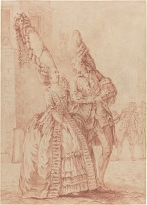 Een dame en heer met overdreven hoofdtooien door Pierre Thomas Le Clerc