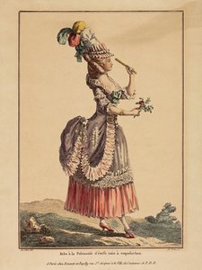 Een Polonaise-jurk met gedrapeerde overrok. Uit Gallerie des Modes et Costumes Francais, 1778