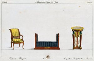 Fauteuil met flens, loveseat en driepoottafel, plaat 211, illustratie uit Collection de meubles et objects de goût (Collectie van meubels en smaakvolle objecten) door Pierre de La Mesangere
